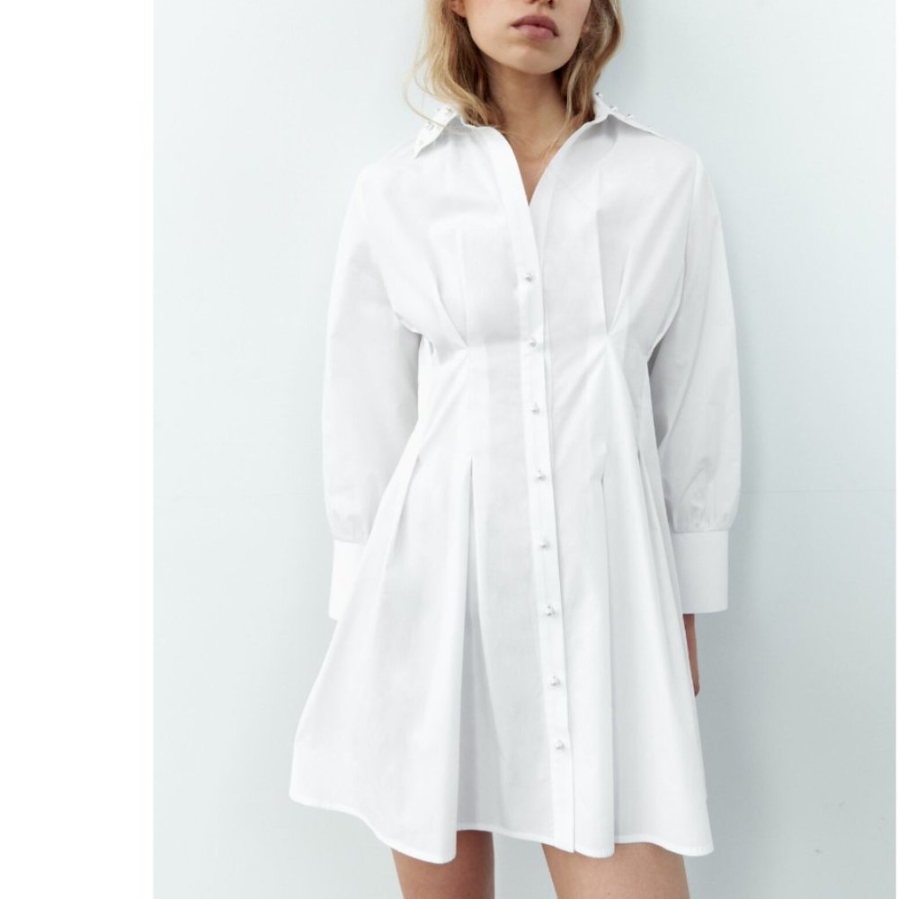 ZARA WHITE FIT FLARE PEARL APPLIQUÉ POPLIN MINI DRESS $79.90